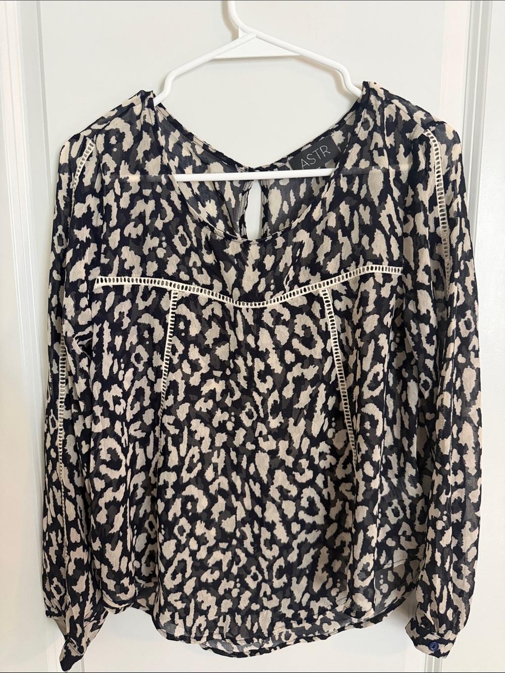 ASTR Black and Cream Leopard-Print Crochet Trim Blouse